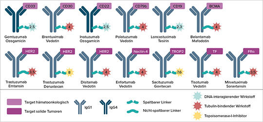 Abb. 1: Auswahl von ADCs für hämatologische Neoplasien (oben) und solide Tumoren (unten). Die Modularität der Konstrukte mit den 3 Komponenten Antikörper, Linker und Payload (angegeben ist die Drug Antibody Ratio, DAR) ermöglicht vielfältige Kombinationen (mod. nach (2)).